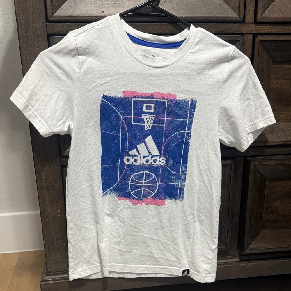 Adidas Kids White Tee with Blue and Pink Basketball Graphic